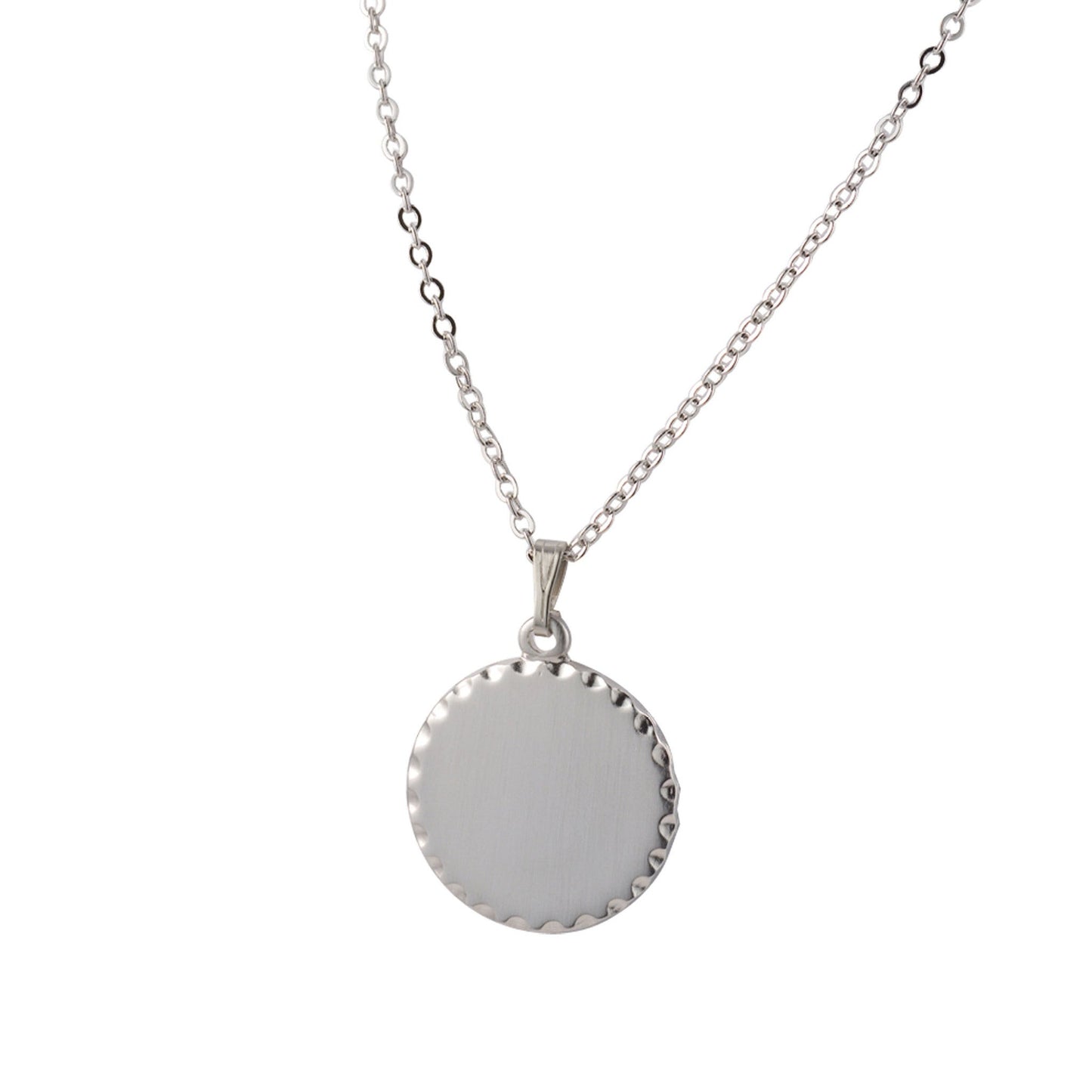 A round necklace with scalloped edge displayed on a neutral white background.