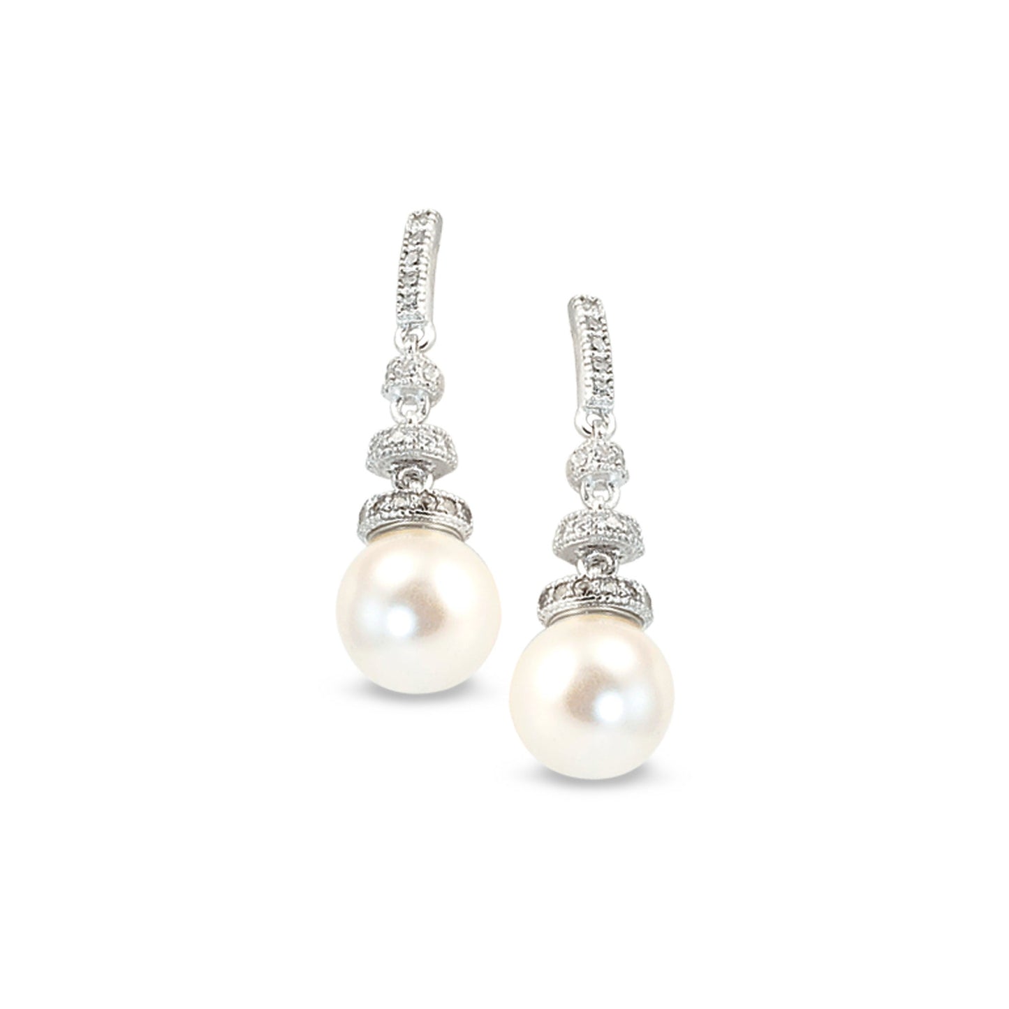 A round pearl drop earrings with simulated diamonds displayed on a neutral white background.