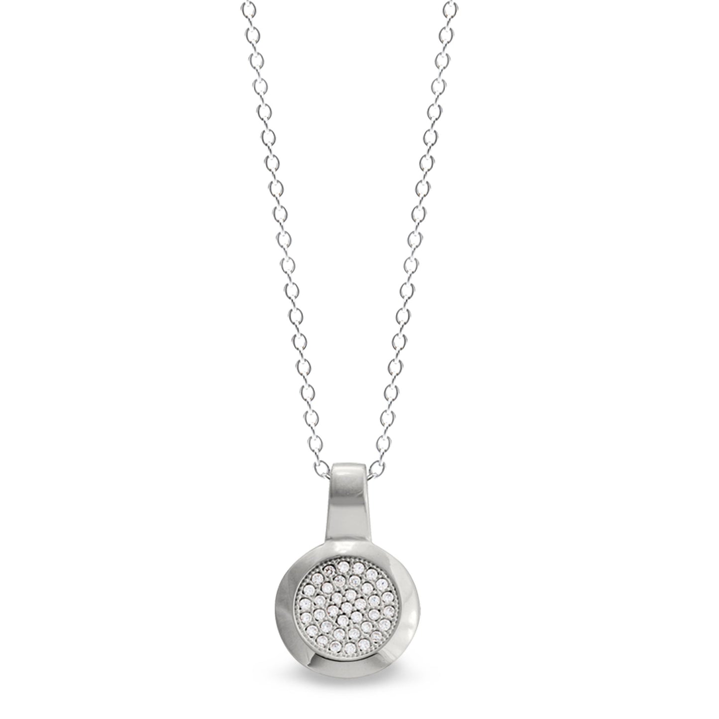 A round pendant with 37 simulated diamonds displayed on a neutral white background.