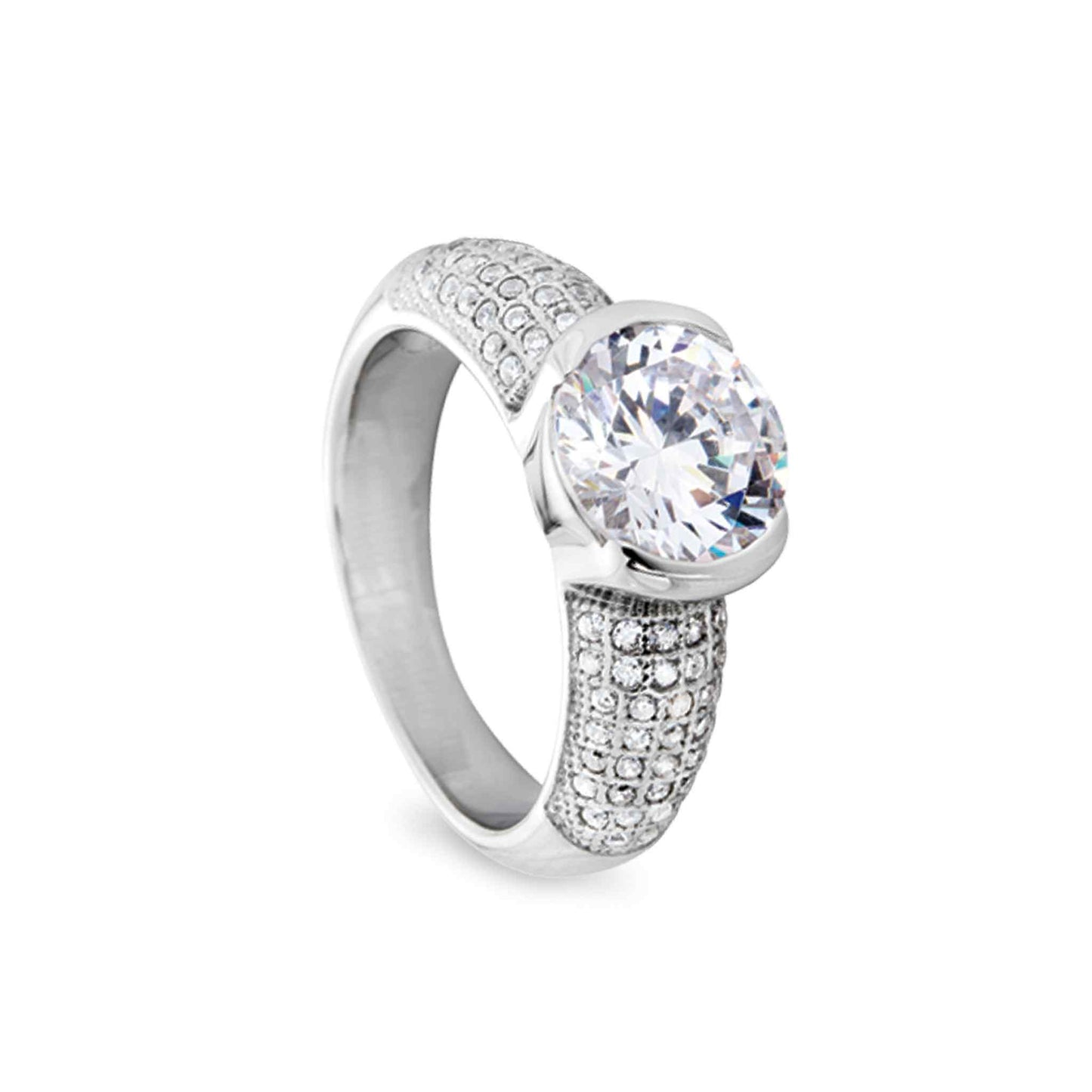 A round ring with 77 simulated diamonds displayed on a neutral white background.