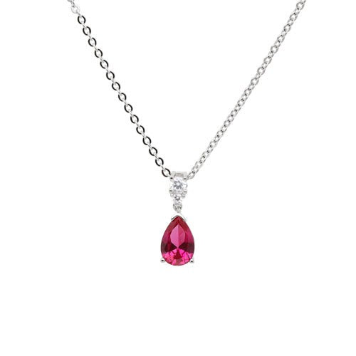 A ruby colored stone teardrop simulated diamond necklace displayed on a neutral white background.