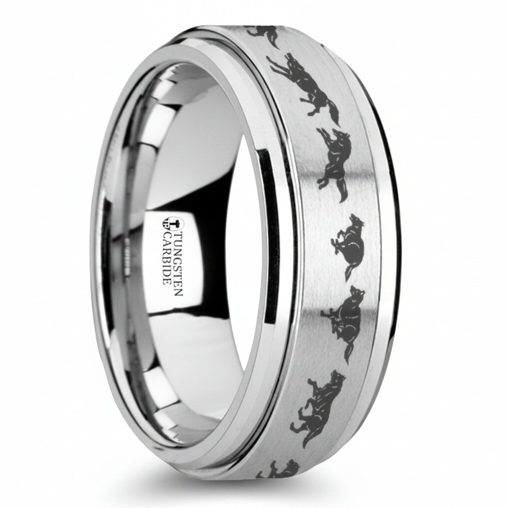 Running Wolf Engraved Spinner Tungsten Wedding Band