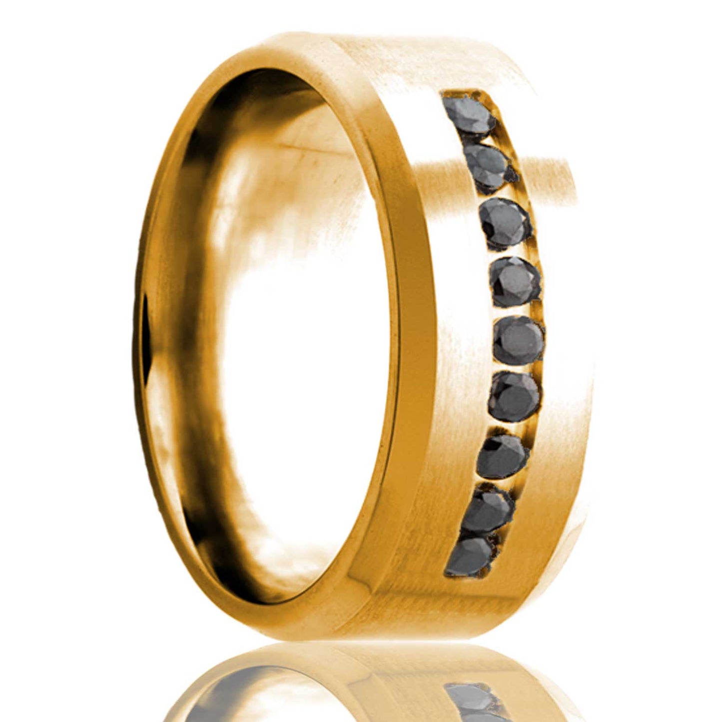 Satin 14k Gold Wedding Band with Beveled Edges with Black Diamonds