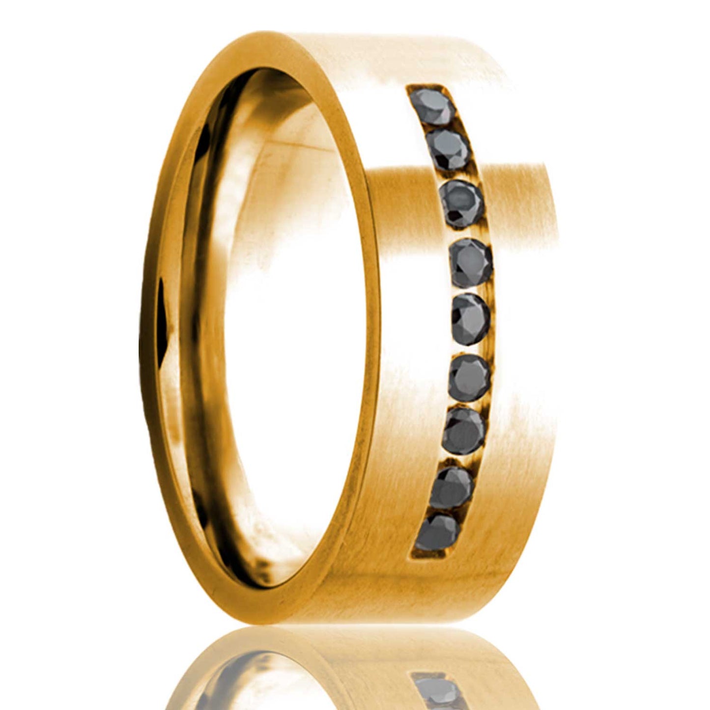 Satin Finish 14k Gold Wedding Band with Nine Black Diamonds