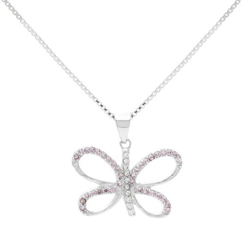 A silver butterfly pendant with pink & white cubic zirconia displayed on a neutral white background.