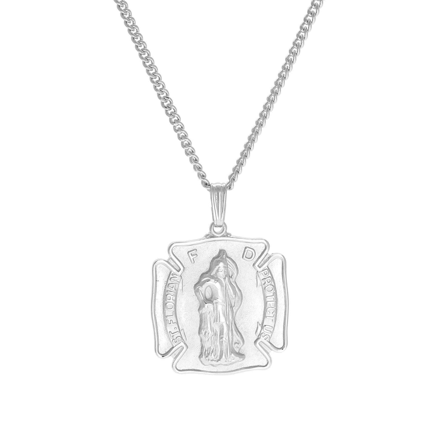 A silver saint florian medal displayed on a neutral white background.