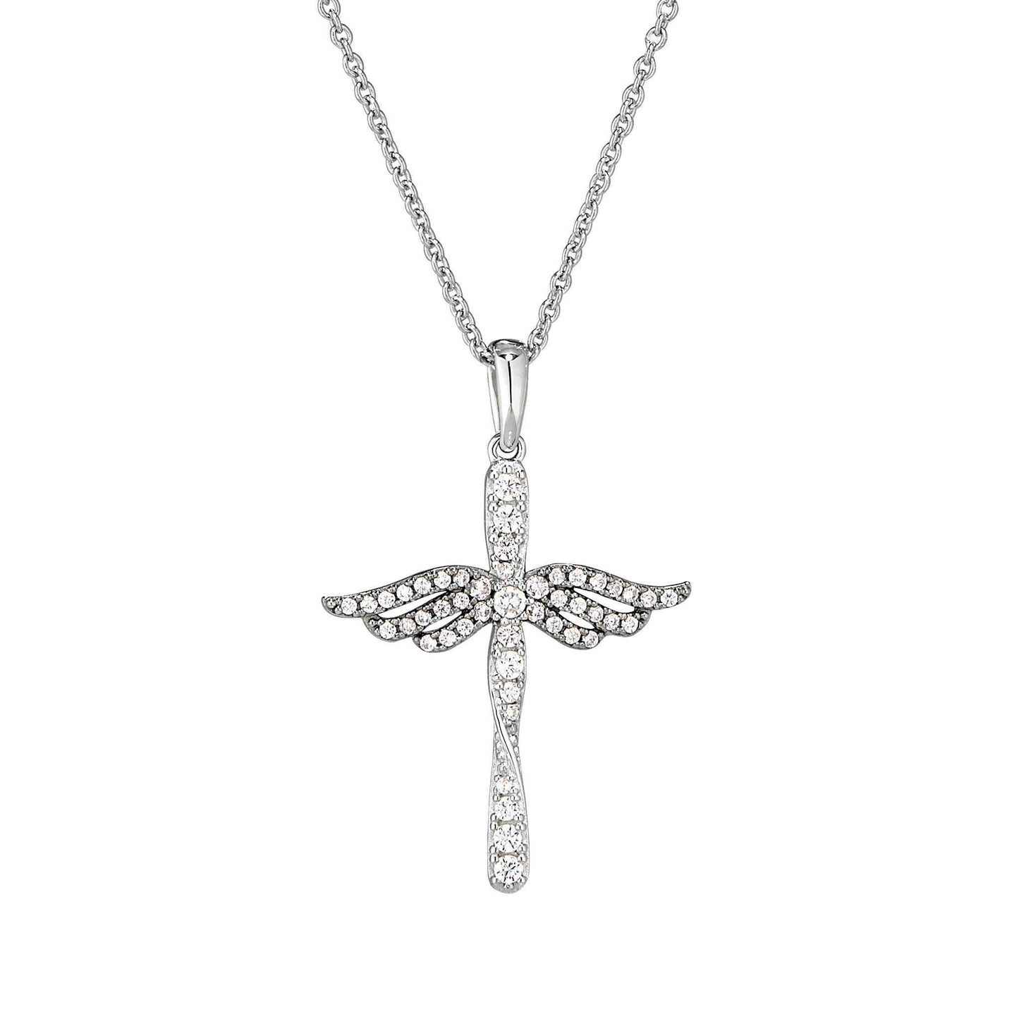 A simulated gemstone & diamonds cross with angel wings displayed on a neutral white background.