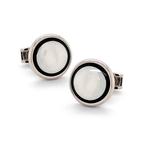 A stainless steel onyx & mother of pearl cufflinks displayed on a neutral white background.