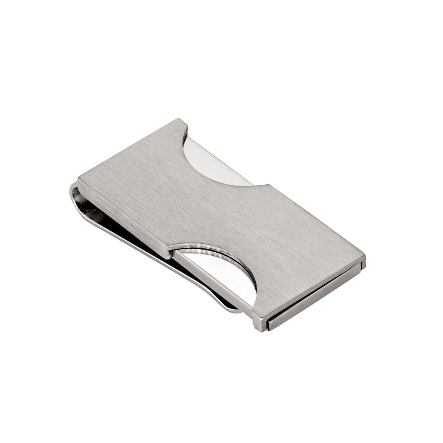 A stainless steel cut out money clip displayed on a neutral white background.