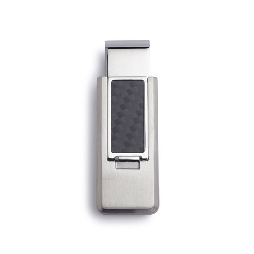 A stainless steel flip money clip with black carbon fiber accent displayed on a neutral white background.