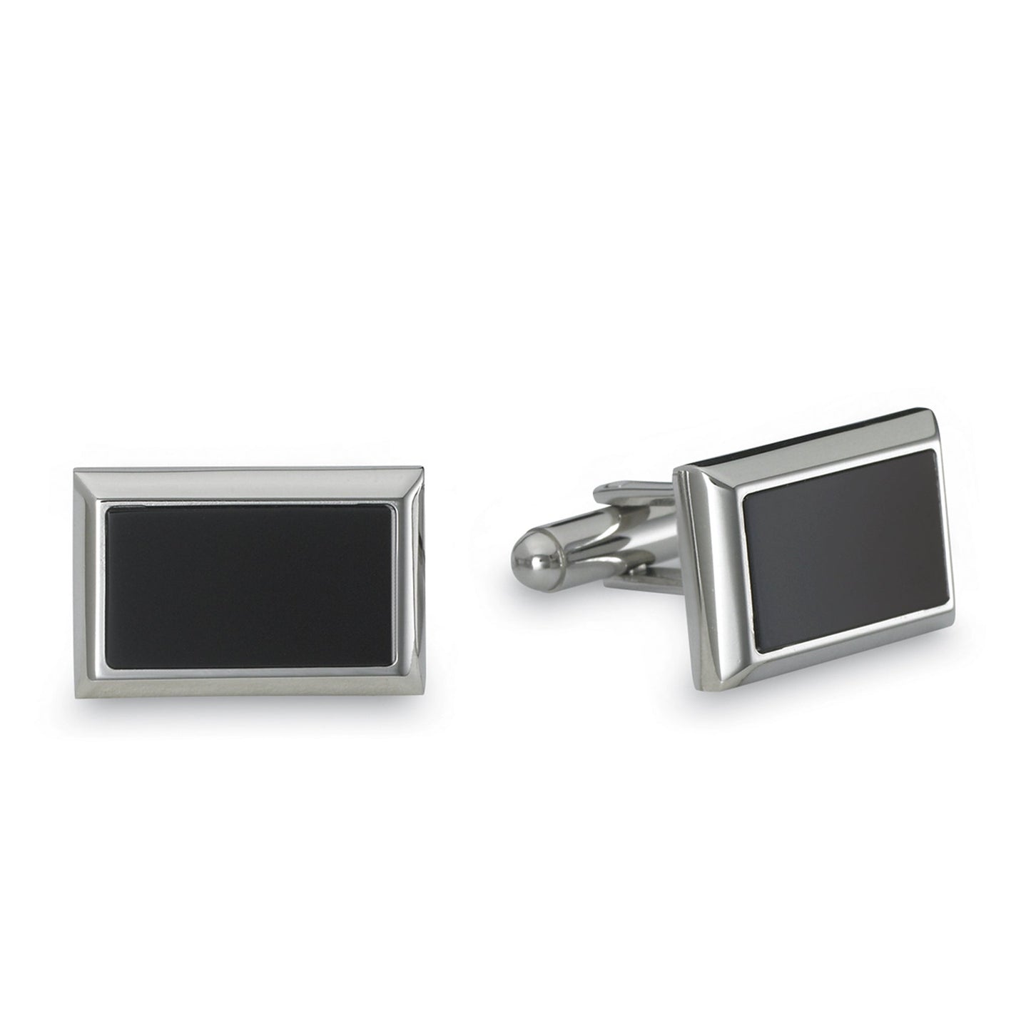 A stainless steel rectangle black epoxy accent cufflinks displayed on a neutral white background.