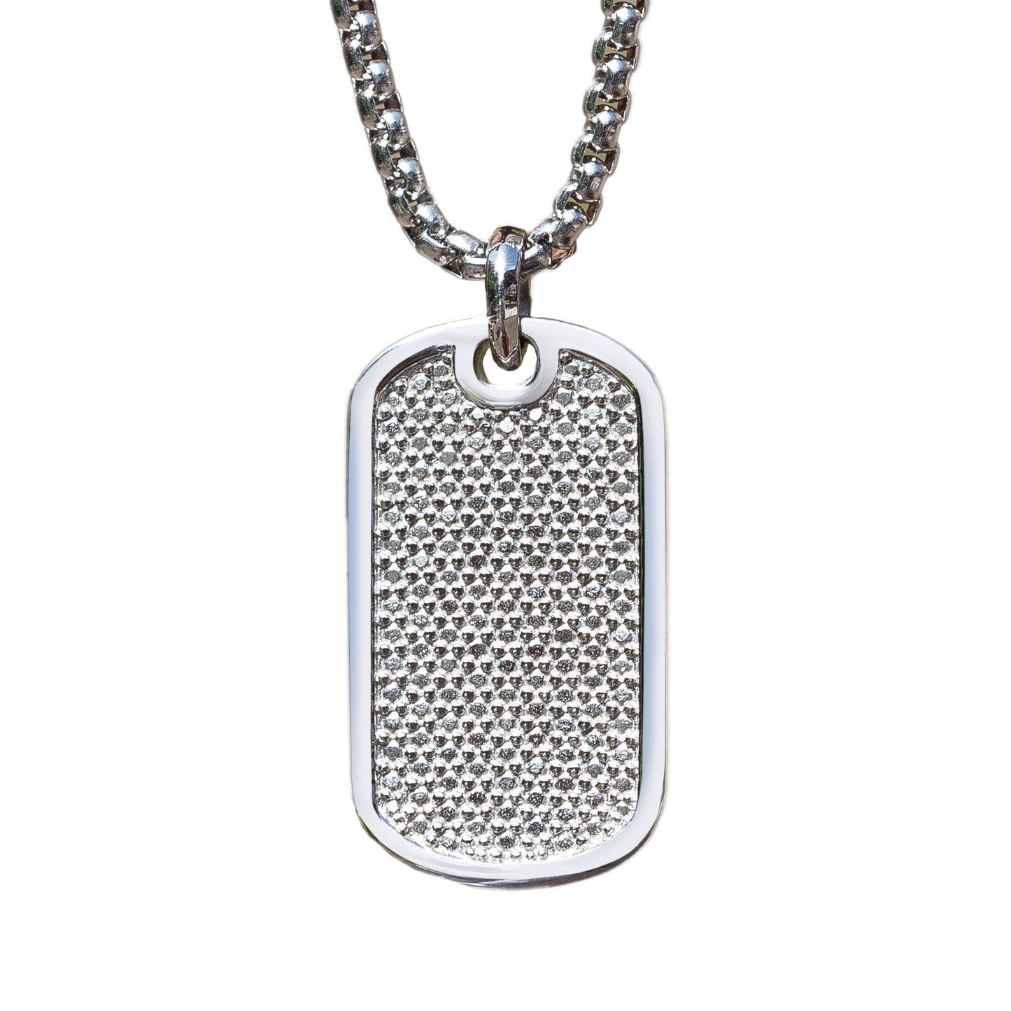 A stainless steel simulated diamonds dog tags on chain displayed on a neutral white background.