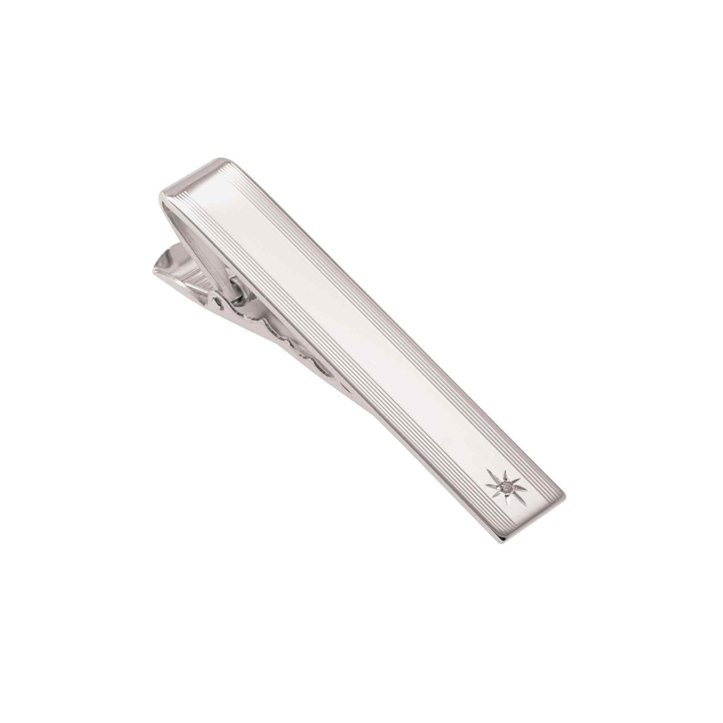 A star cut tie bar with .01ctw genuine diamond displayed on a neutral white background.
