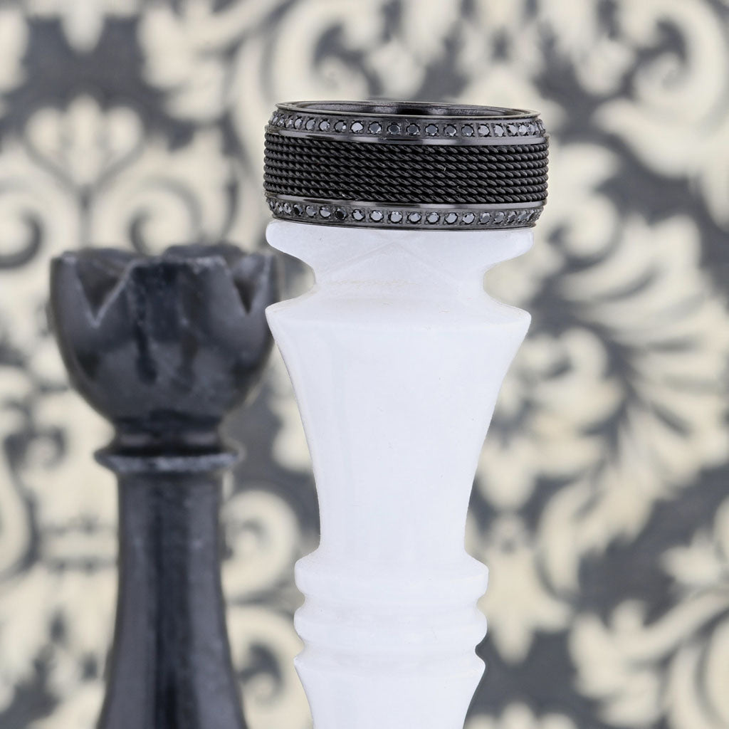 Steel Chain Black Titanium Men's Wedding Band with Black Diamonds