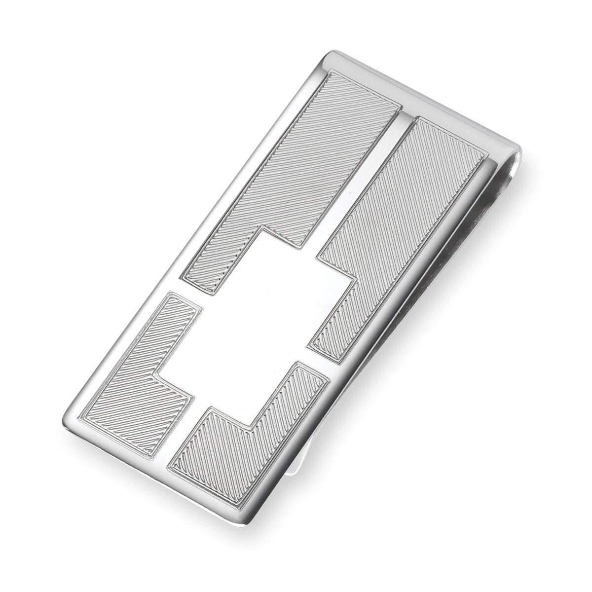 A sterling silver 7 and 8" engraved money clip displayed on a neutral white background.