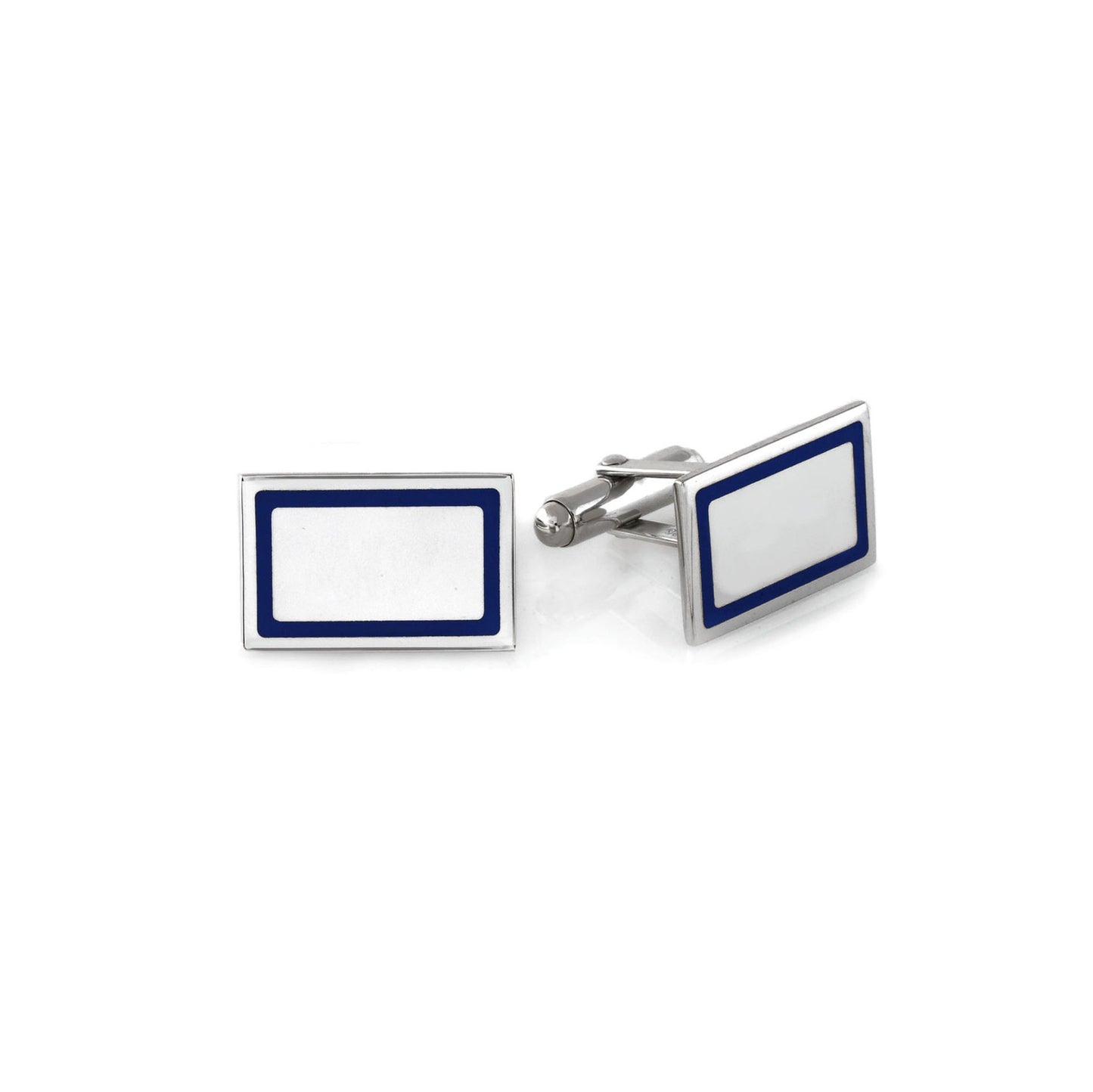 A sterling silver blue border rectangle cufflinks displayed on a neutral white background.