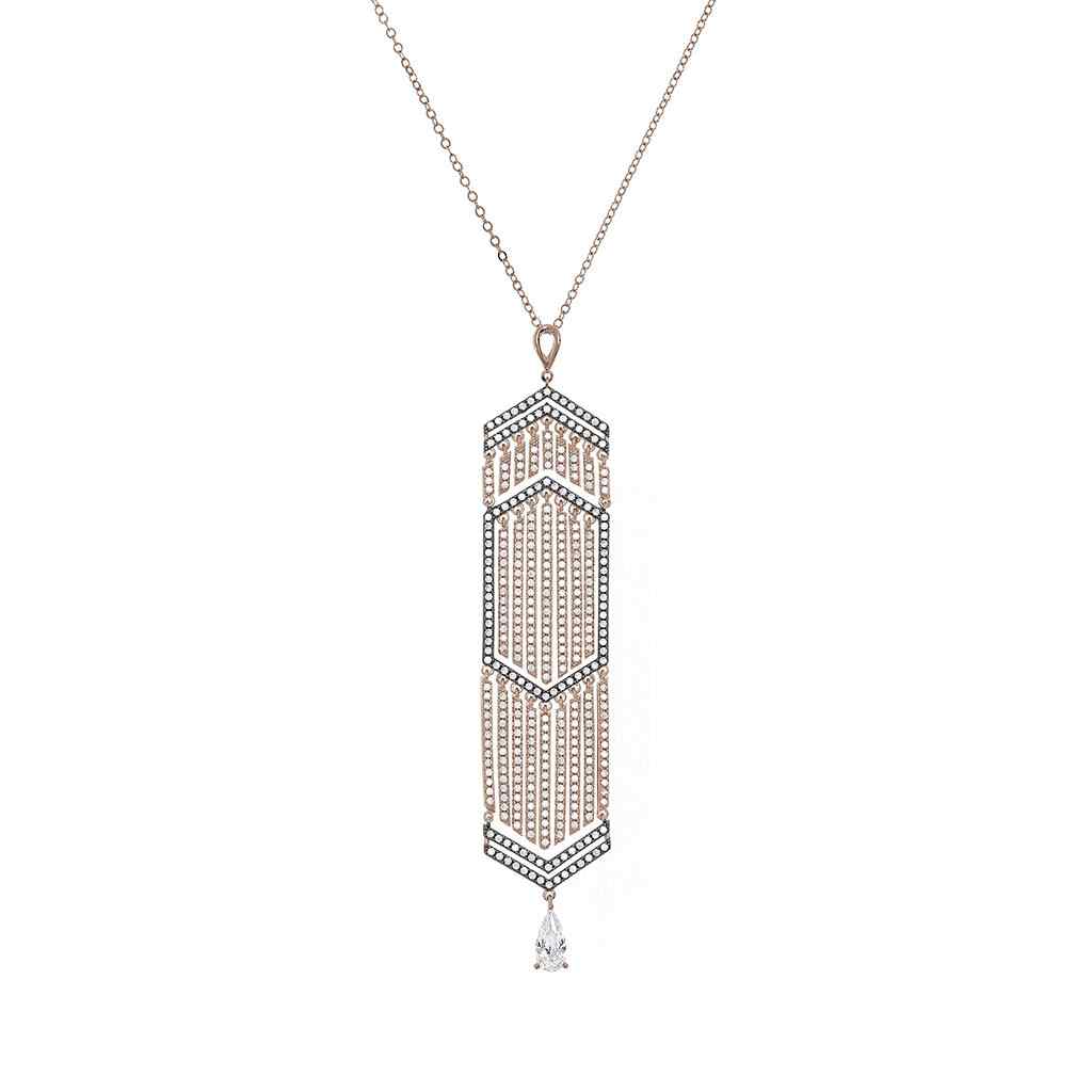 A sterling silver cascade necklace with simulated diamonds displayed on a neutral white background.