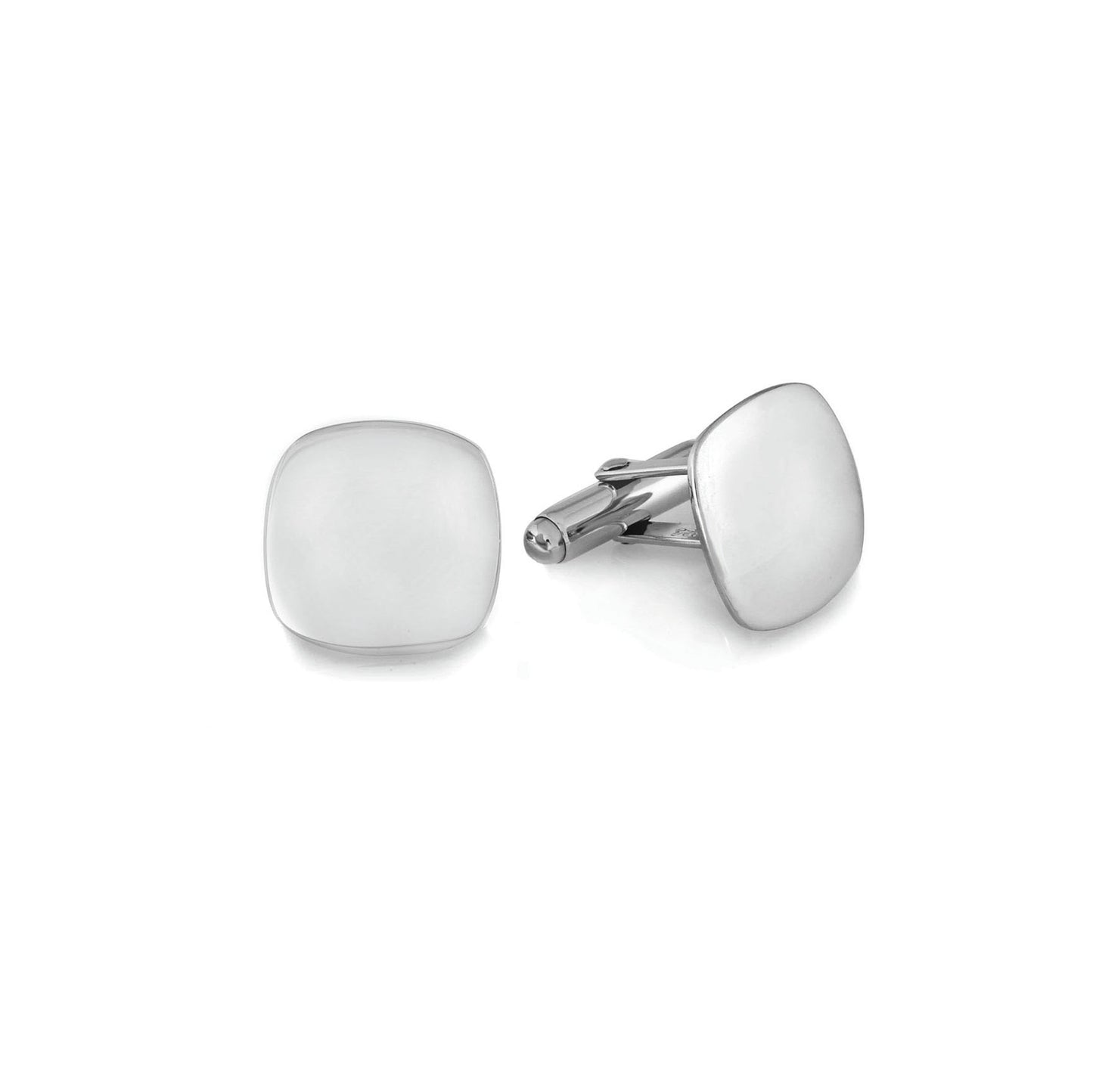 A sterling silver cushion shape cufflinks displayed on a neutral white background.