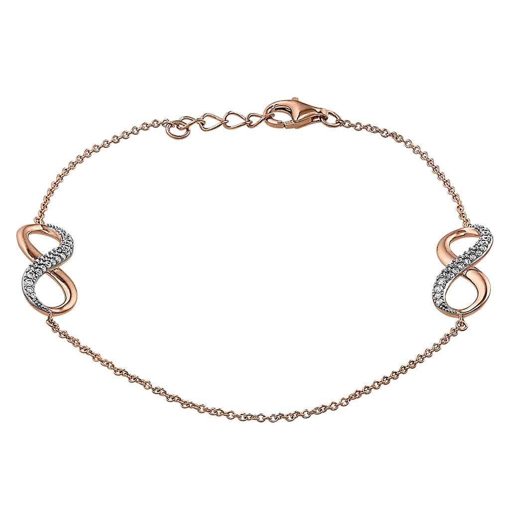 A sterling silver double infinity bracelet with simulated diamonds displayed on a neutral white background.
