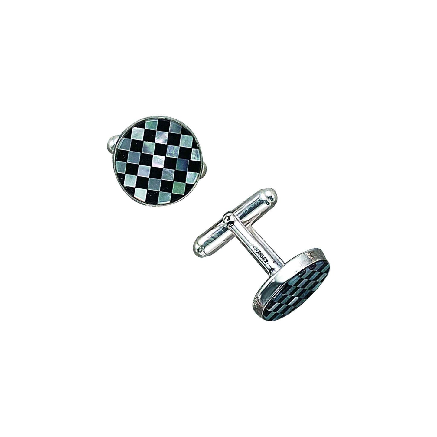 A sterling silver mother of pearl & onyx checkerboard cufflinks displayed on a neutral white background.