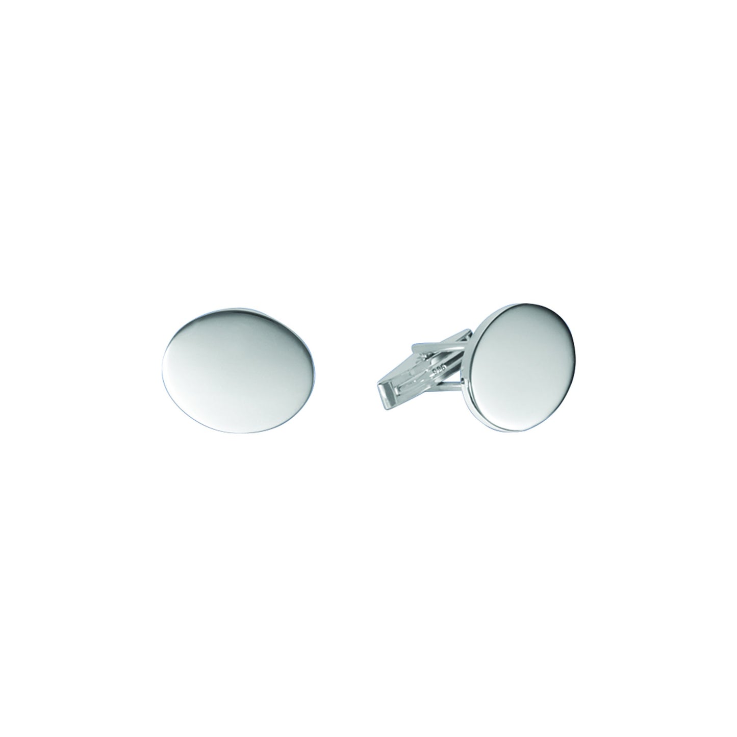 A sterling silver oval plain polished cufflinks displayed on a neutral white background.