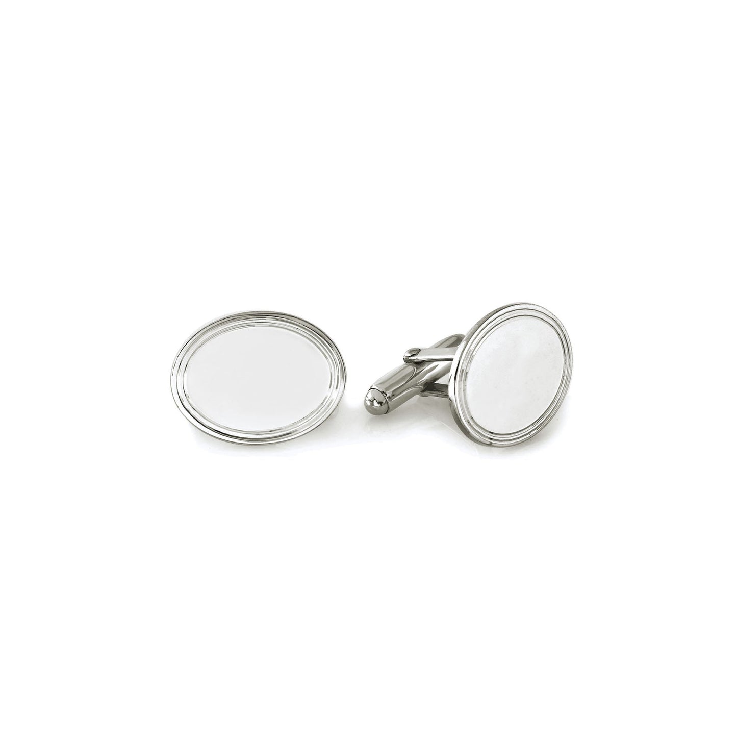 A sterling silver oval polished cufflinks with engine-turned border displayed on a neutral white background.