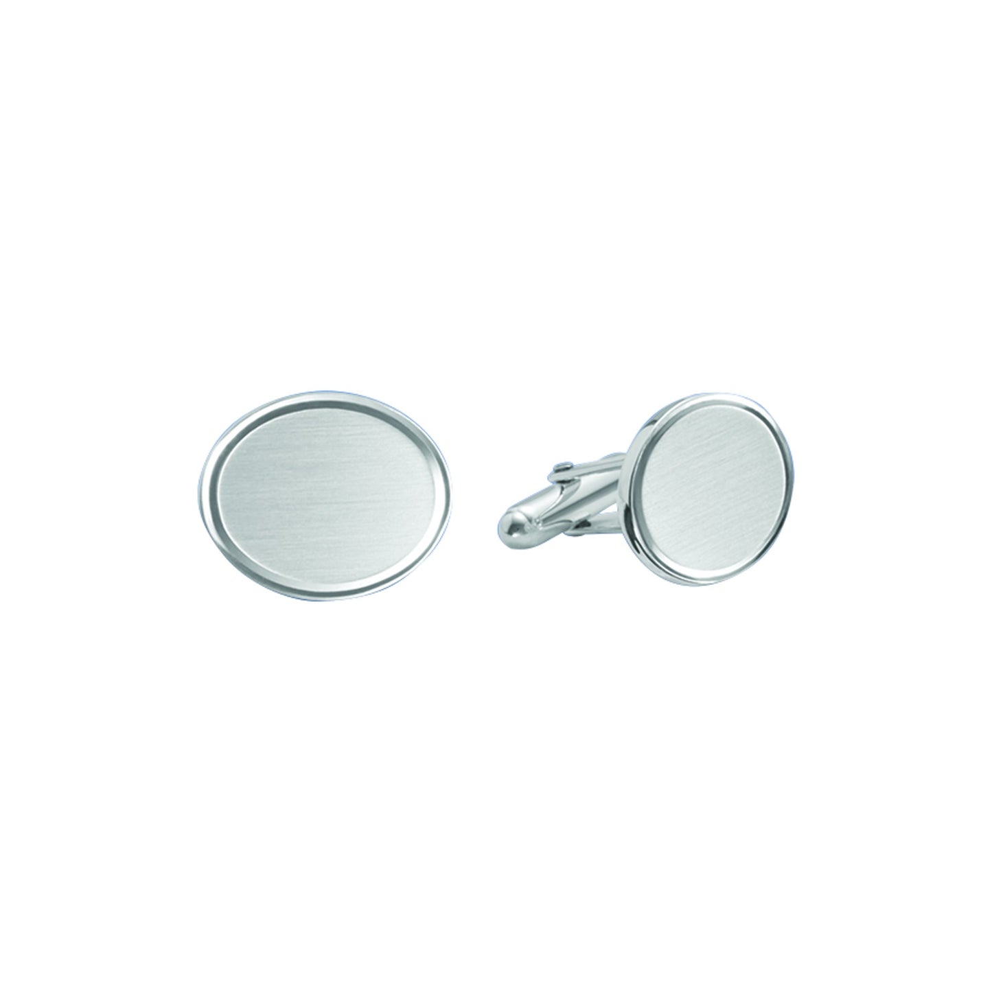 A sterling silver oval satin cufflinks with engine-turned border displayed on a neutral white background.