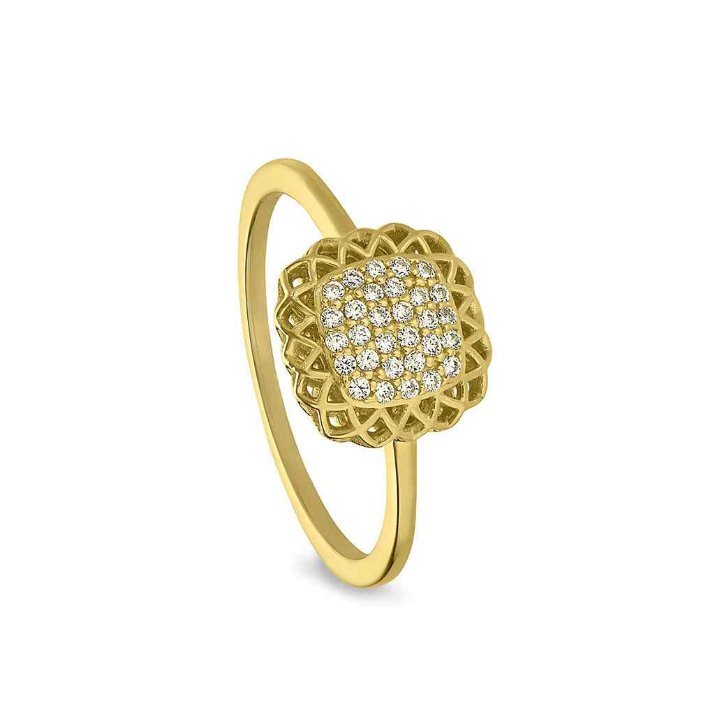 A sterling silver pillow with filigree edge ring with simulated diamonds displayed on a neutral white background.