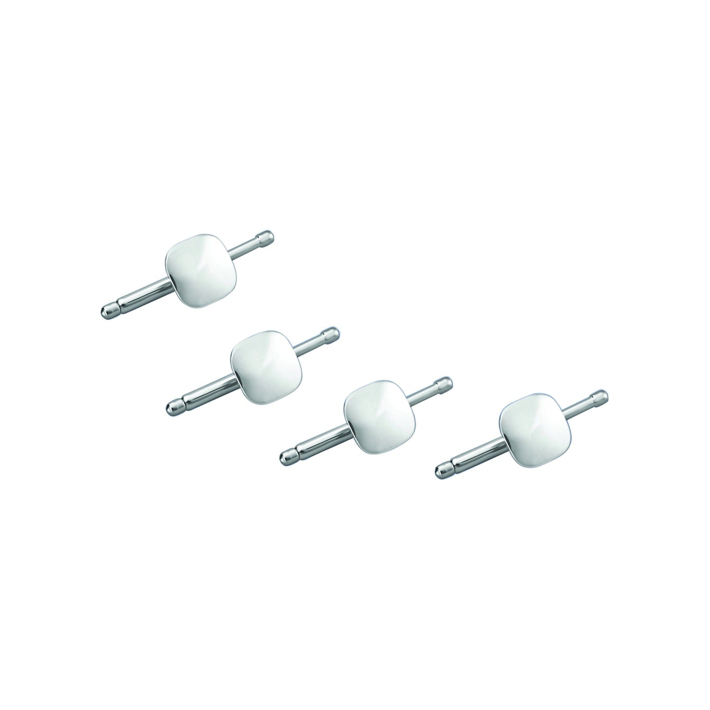 A four piece sterling silver polished cushion shaped stud set displayed on a neutral white background.