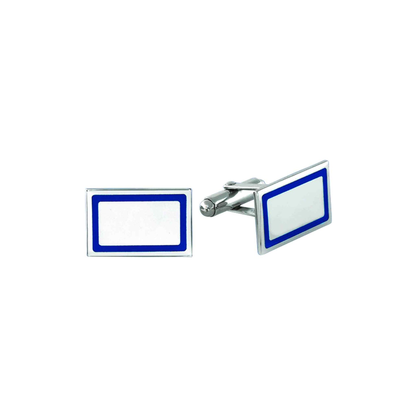 A sterling silver blue border rectangle cufflinks displayed on a neutral white background.