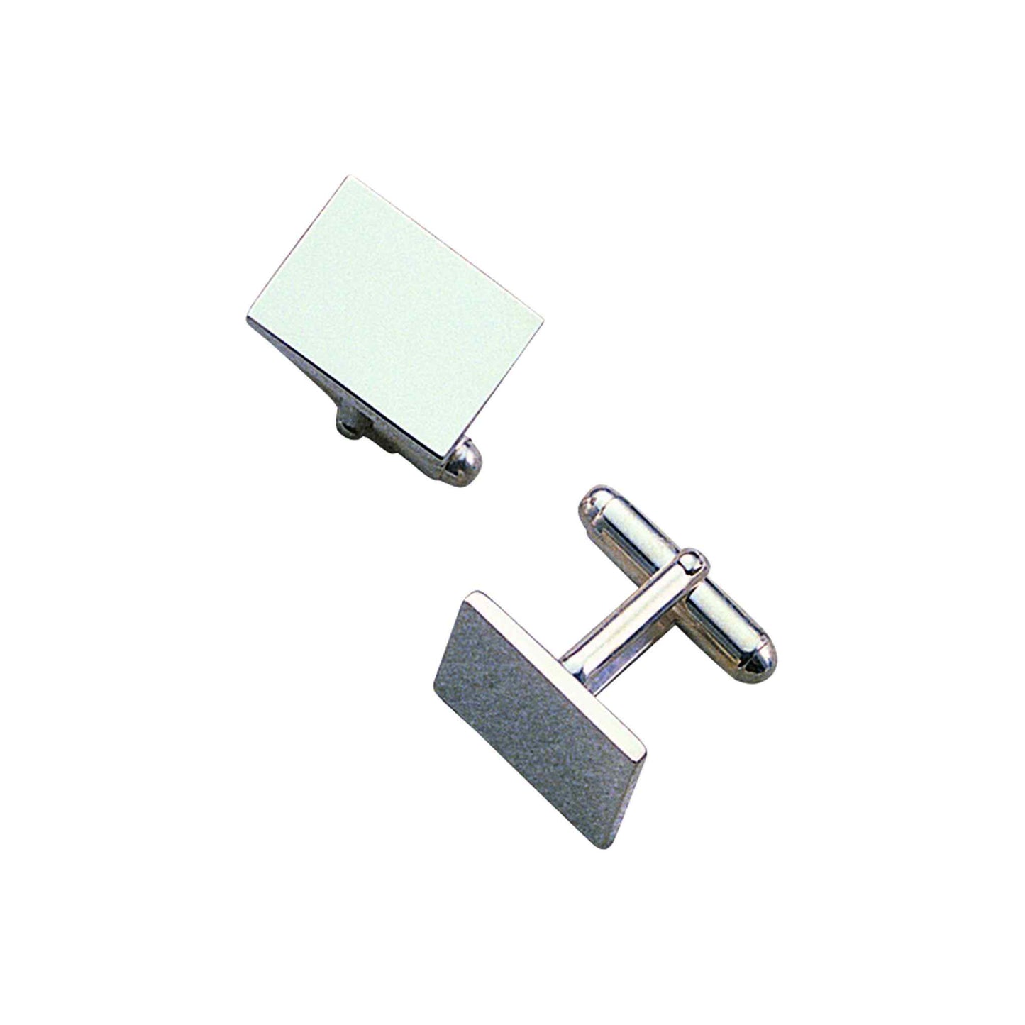A sterling silver polished rectangle cufflinks displayed on a neutral white background.