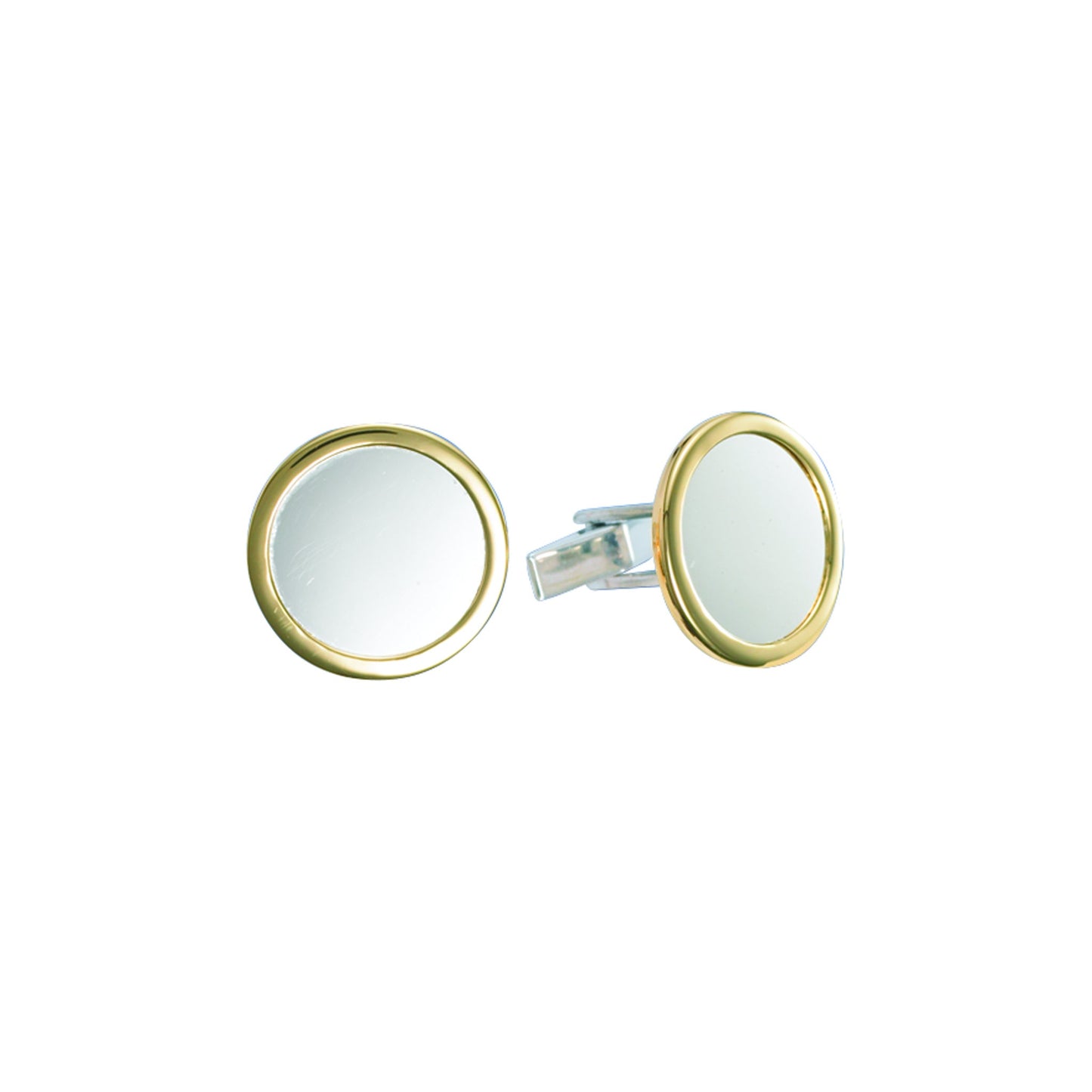 A sterling silver round cufflinks 18k border displayed on a neutral white background.
