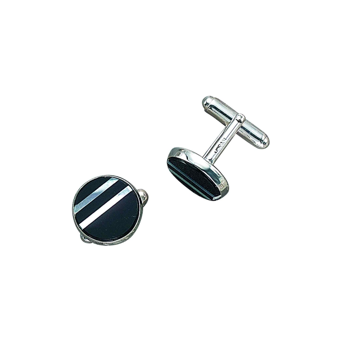 A sterling silver round cufflinks onyx with mother of pearl stripe displayed on a neutral white background.
