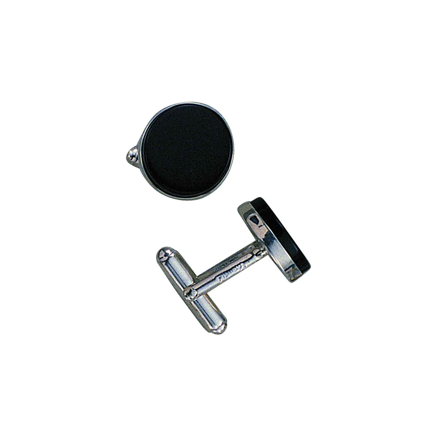 A sterling silver round cufflinks with onyx displayed on a neutral white background.