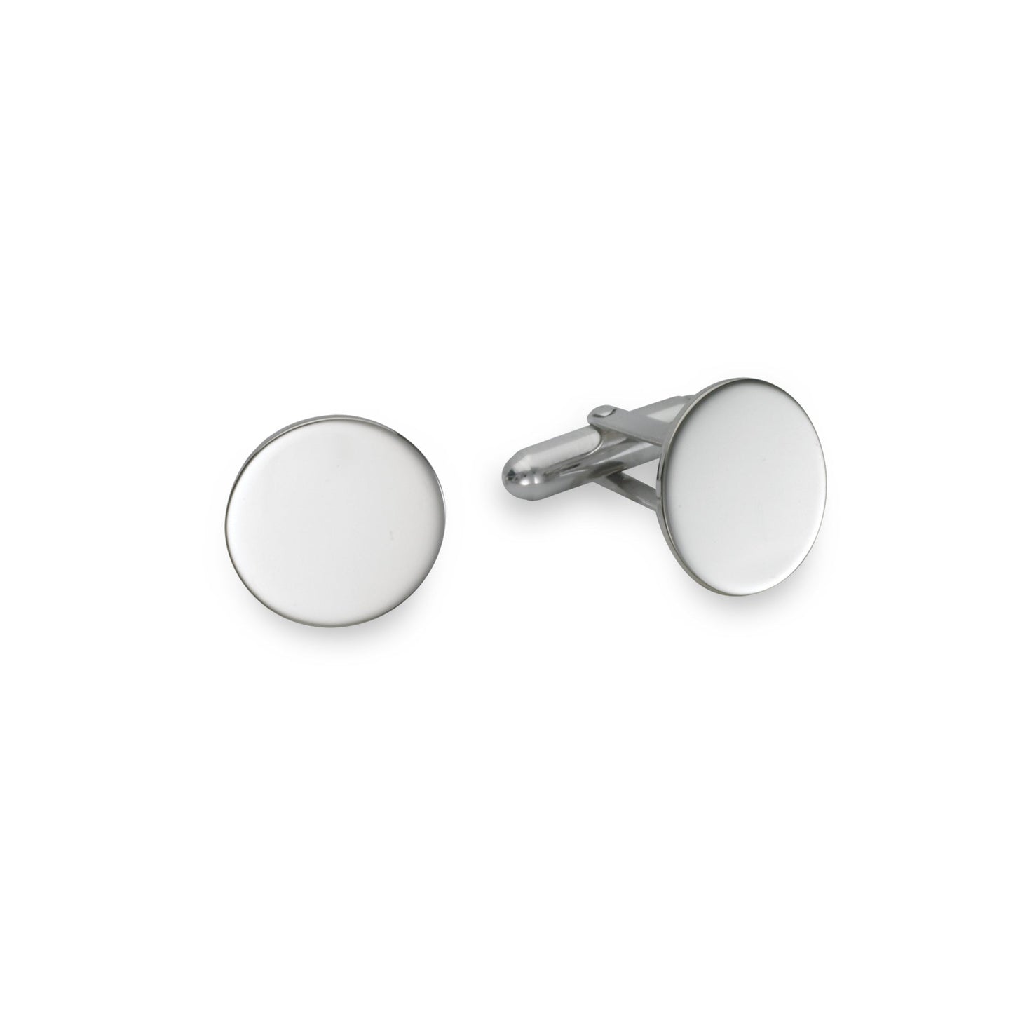 A sterling silver round plain polished cufflinks displayed on a neutral white background.