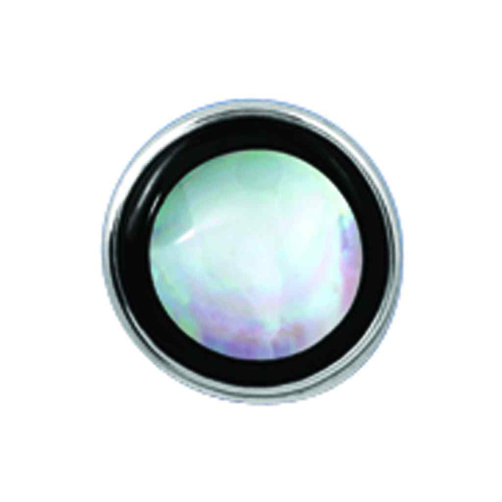 A sterling silver round tie tack with mother of pearl & onyx stone displayed on a neutral white background.