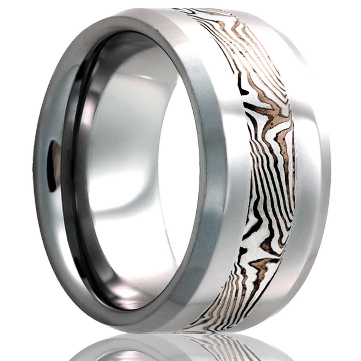 Sterling Silver & Shakudo Mokume Gane Inlay Tungsten Wedding Band with Beveled Edges