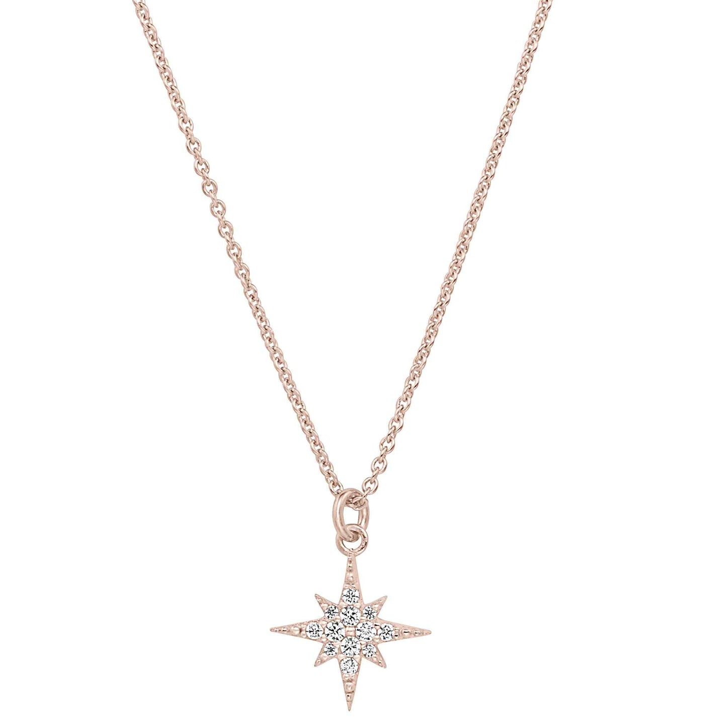A sterling silver starburst necklace with simulated diamonds displayed on a neutral white background.