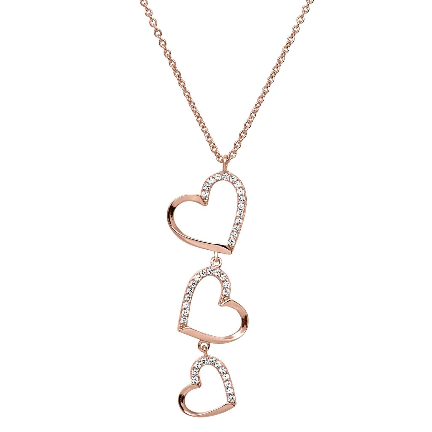 A sterling silver three falling hearts necklace with simulated diamonds displayed on a neutral white background.