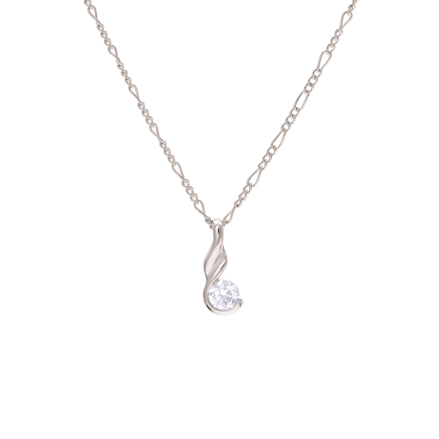 A swirl ribbon round simulated diamond necklace displayed on a neutral white background.