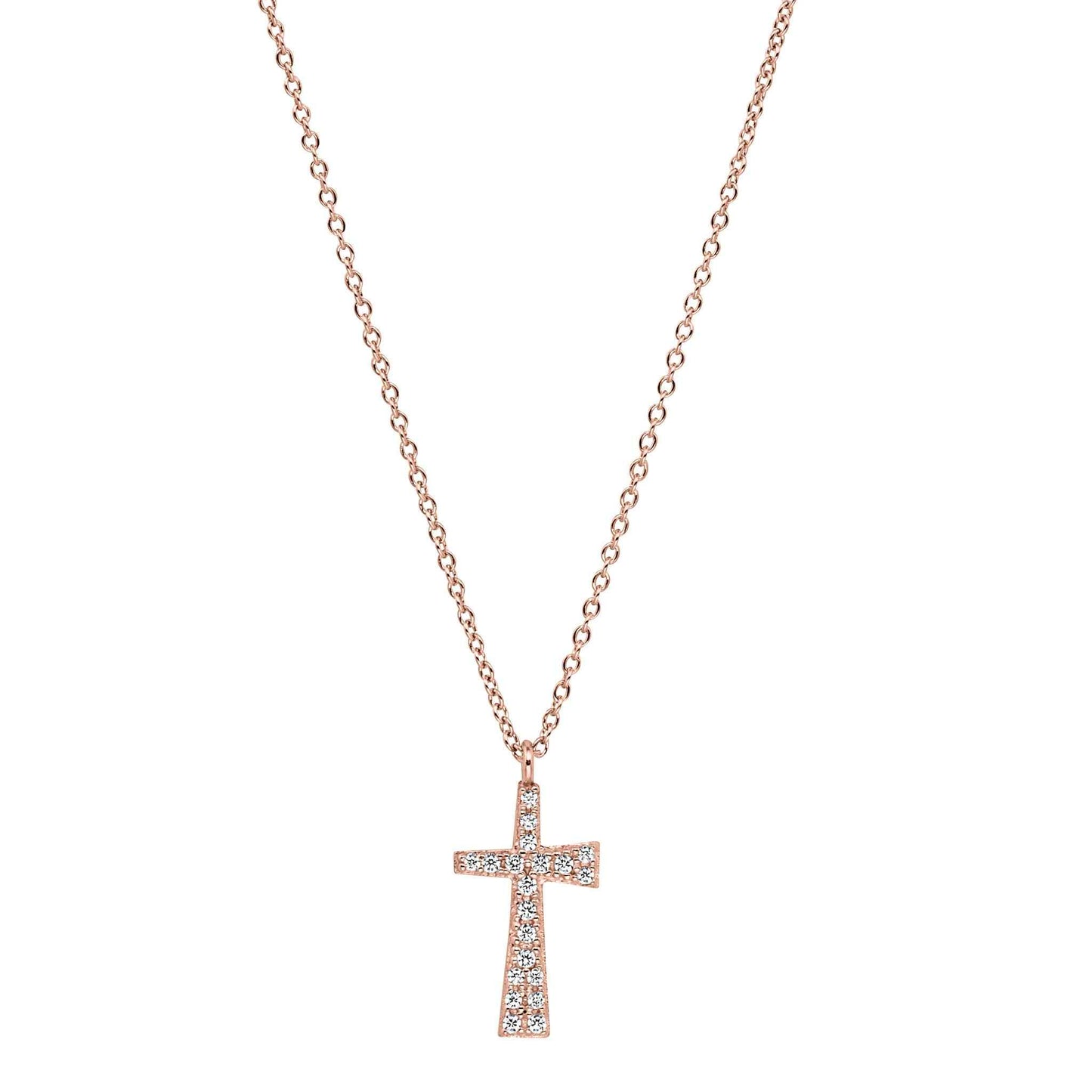 A tapered cross necklace with simulated diamonds displayed on a neutral white background.