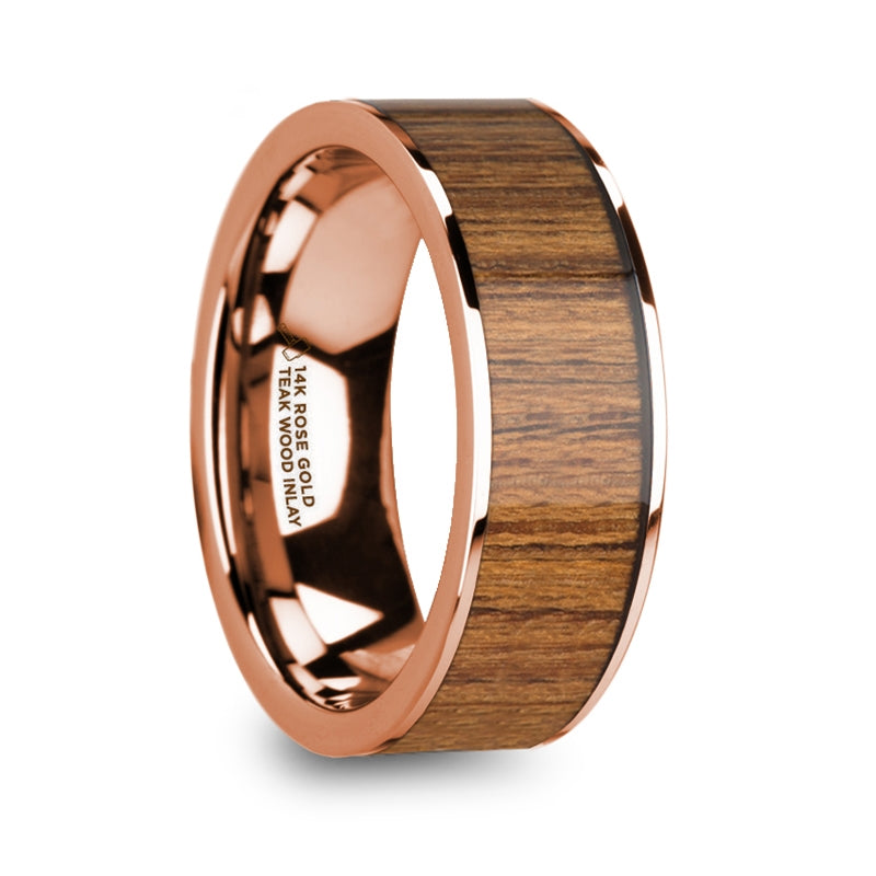 Teak Wood Inlay 14k Rose Gold Men's Wedding Band
