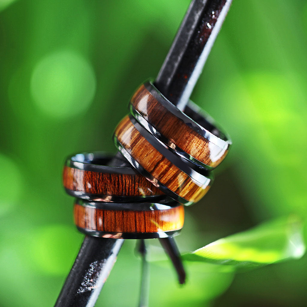 Teak Wood Inlay Black Ceramic Men's Wedding Band