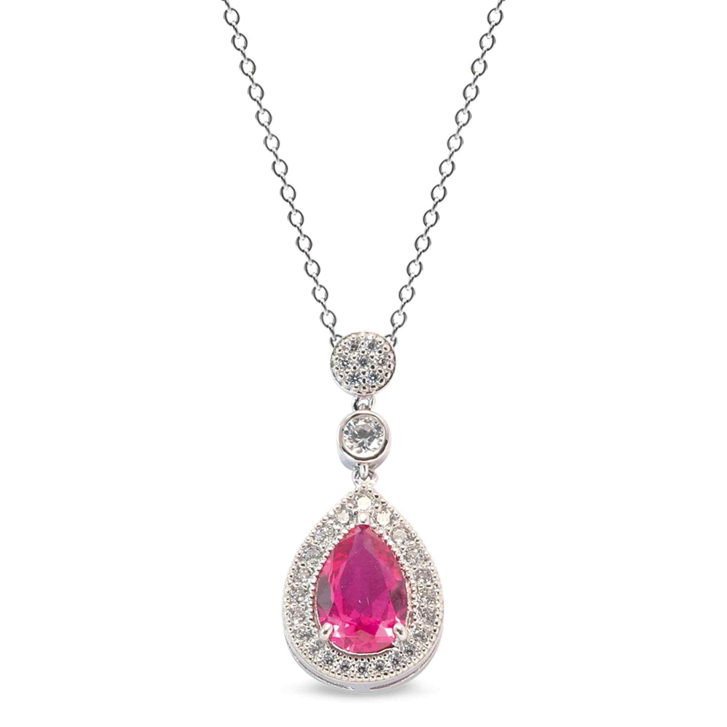 A tear drop pendant with simulated ruby and simulated diamonds displayed on a neutral white background.