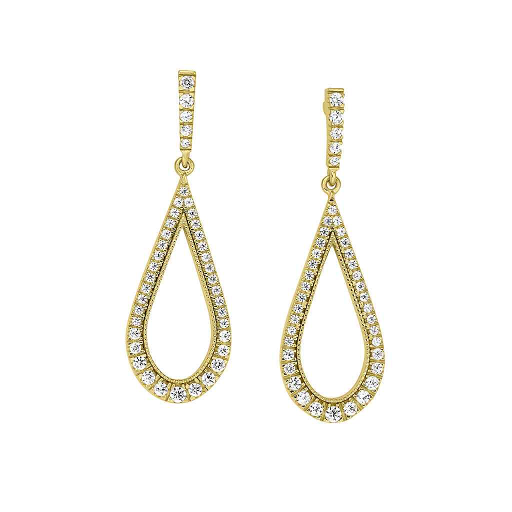 A teardrop earrings with simulated diamonds displayed on a neutral white background.