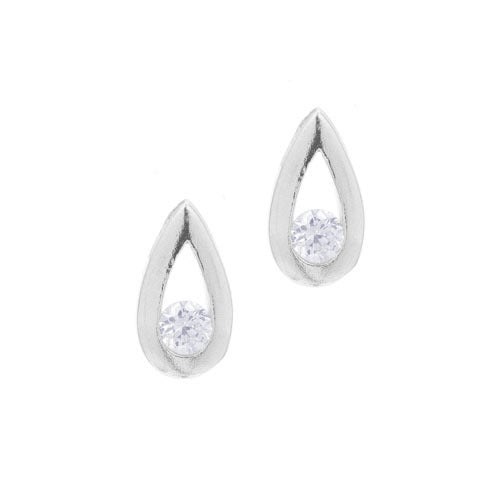 A teardrop earrings with round simulated diamond displayed on a neutral white background.
