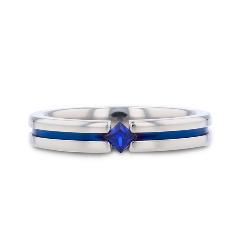Tension-Set Blue Sapphire Titanium Women's Wedding Band