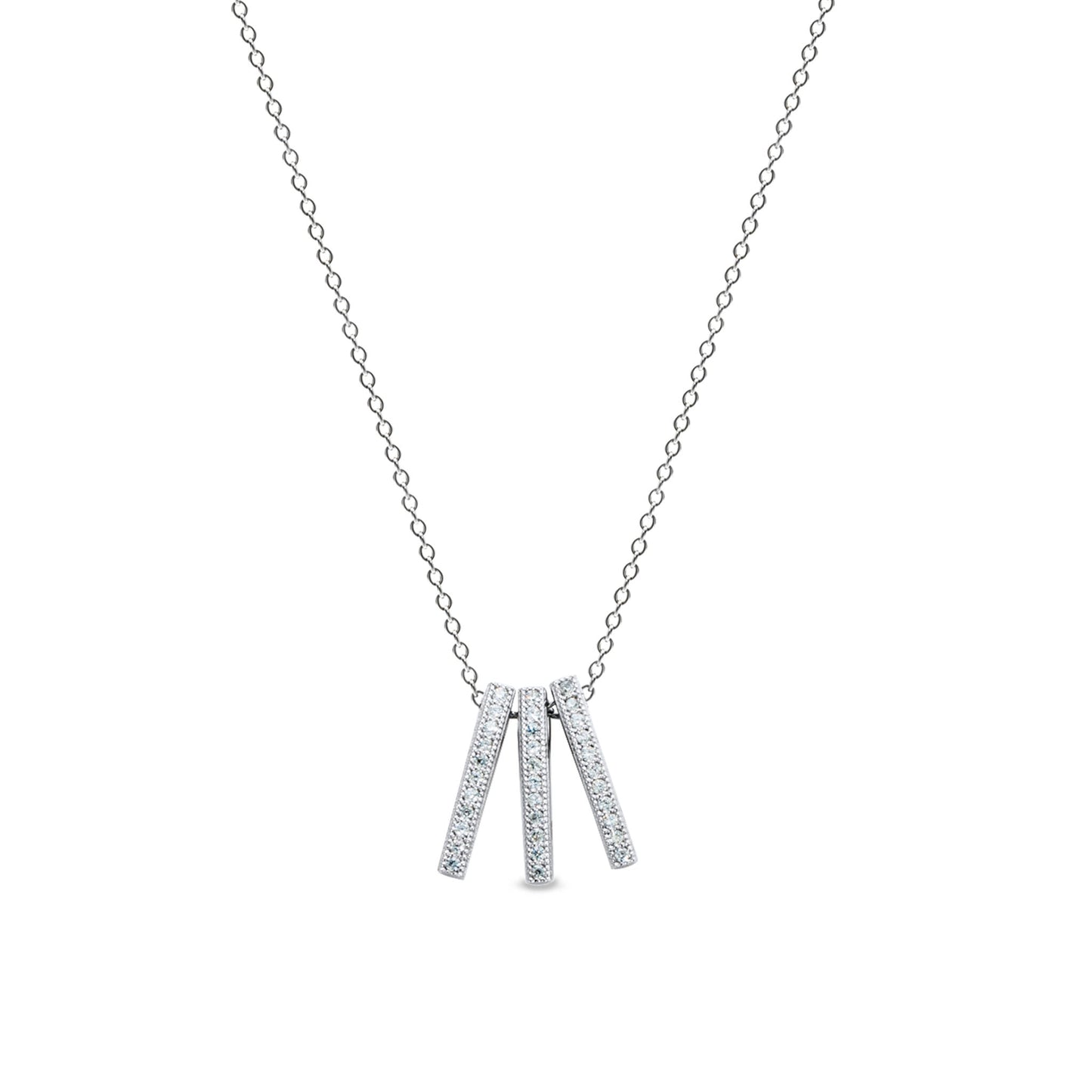 A three bar vertical pendant necklace with 33 simulated diamonds displayed on a neutral white background.