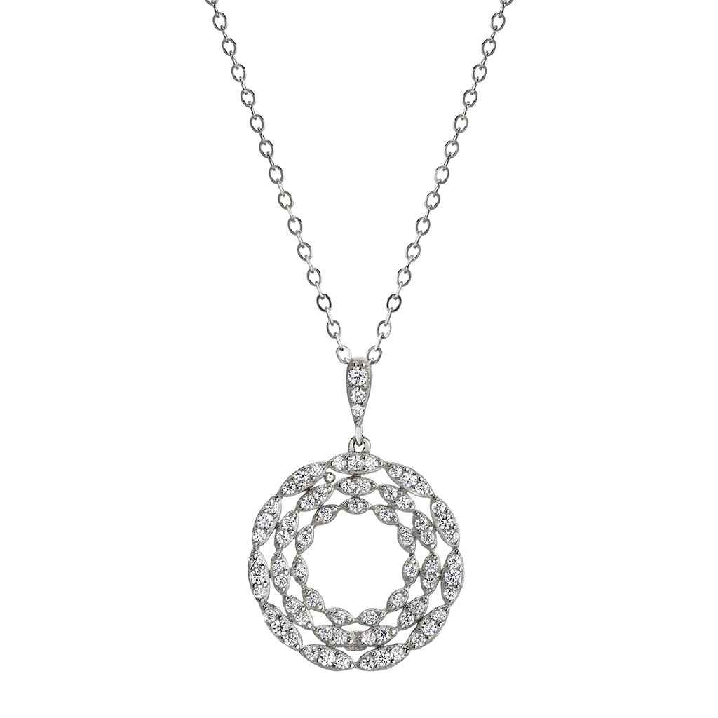 A three circle pendant with simulated diamonds displayed on a neutral white background.