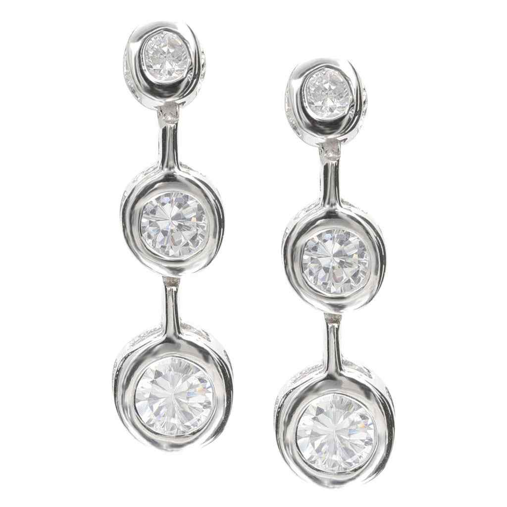 A three stone bezel set simulated diamond earrings displayed on a neutral white background.